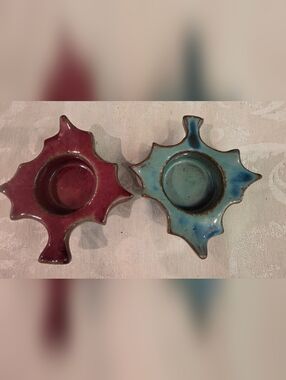 Maple Leaf Votives 2 Handmade High-fired Stoneware Ceramic Red &Blue Pottery